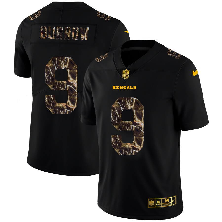 2020 Cincinnati Bengals #9 Joe Burrow Men Black Nike Flocked Lightning Vapor Limited NFL Jersey->customized nfl jersey->Custom Jersey